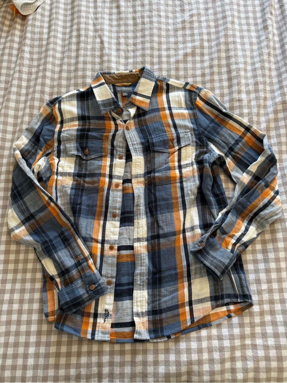 L.L. Bean Blue, Orange & White Plaid Button-Down Shirt